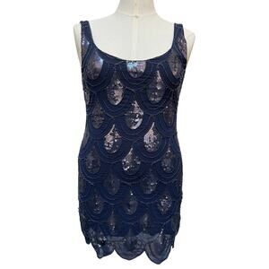 Gianni Bini Scoop Neck Sequined Mini Dress Women's Size XL Blue Sleeveless